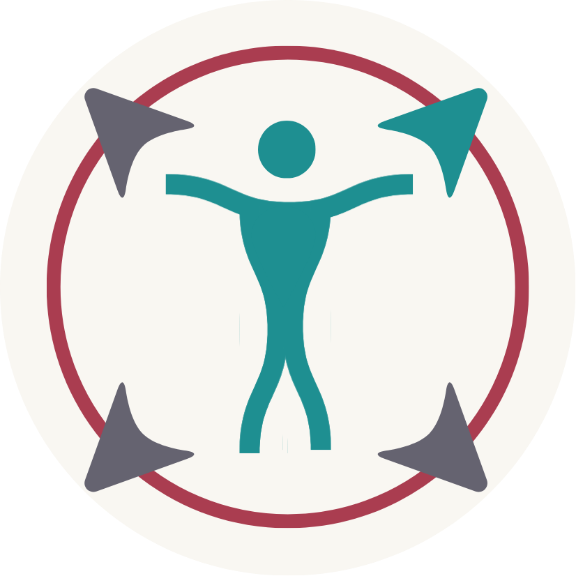 Compass's circular logo centering a teal figure designed to resemble a standard accessibility icon with open, outstretched arms. The figure is enclosed by a thin maroon ring accented by four curved arrowheads acting as compass points. Three of the arrowheads are dark slate gray, while the top-right arrowhead is highlighted in green, pointing upward to symbolize inclusivity, direction, and forward progress.