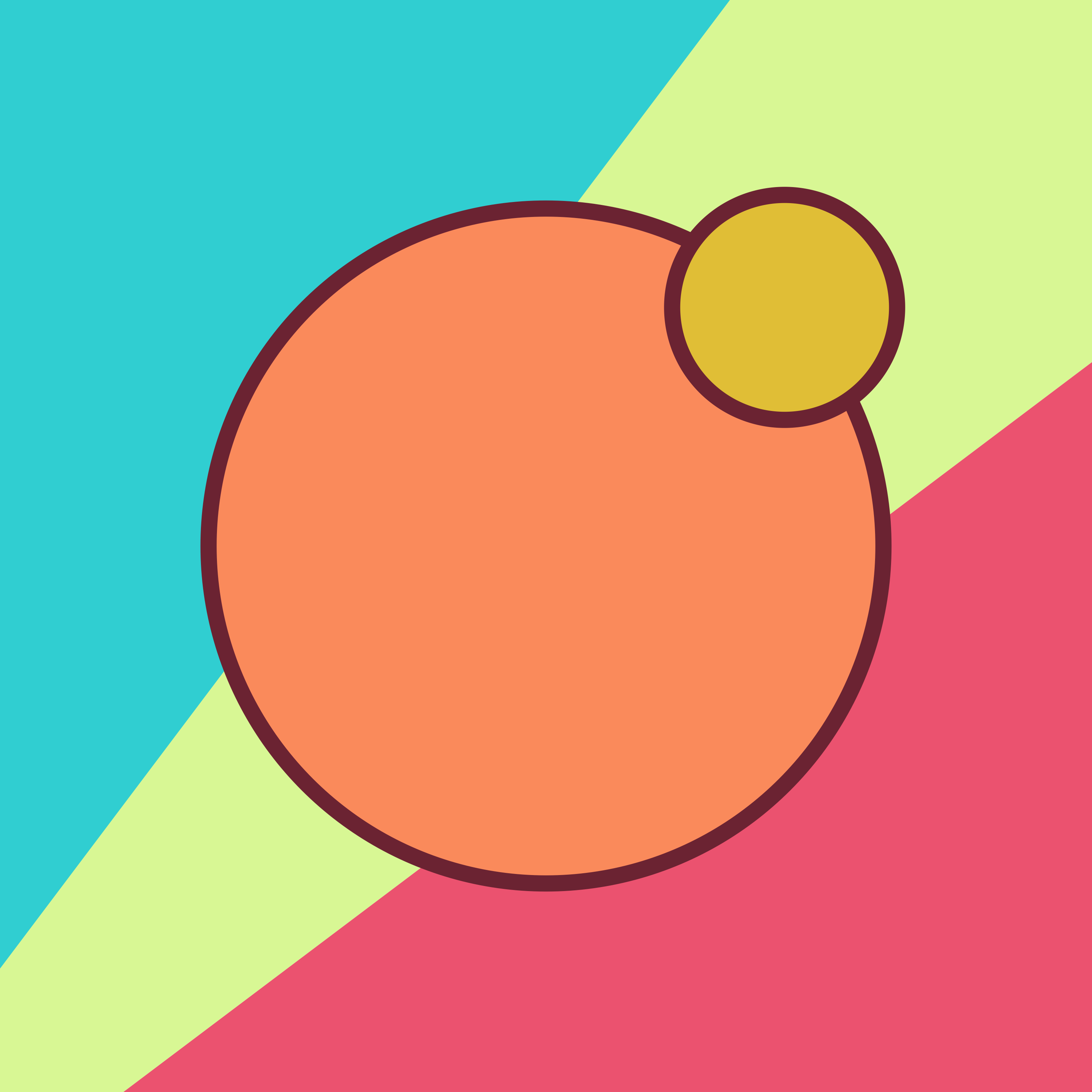 Visible Data's colourful geometric square logo featuring a coral-orange circle and a smaller golden-yellow circle with dark maroon outlines, resembling a planet and moon or an eye pointing to the top-right corner of the image. They are centered along a diagonal band of lime green that cuts through the middle of the design, separating expanding blocks of turquoise in the top-left and crimson in the bottom-right.